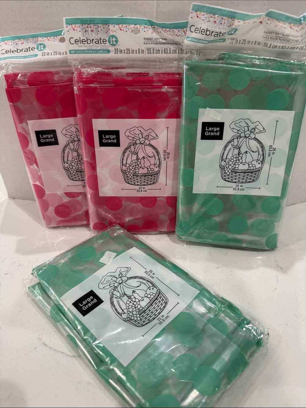 Celebrate It Pink & Green Polka Dot Large Gift basket plastic bags 24 total NWT
